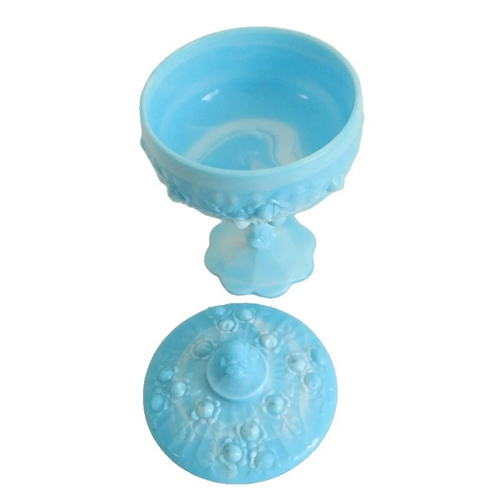 VTG Fenton Pedestal Dish with Lid Cabbage Rose Blue White Swirl Glass